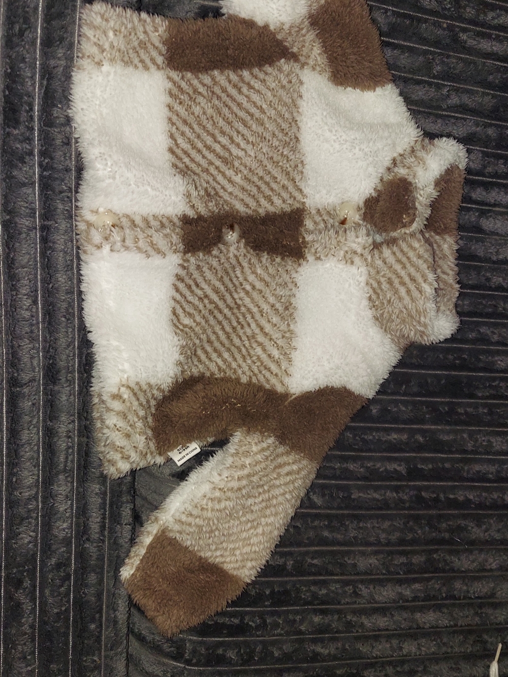 KIDS SHEIN Brown & White Plaid Fuzzy Button-Up Cardigan